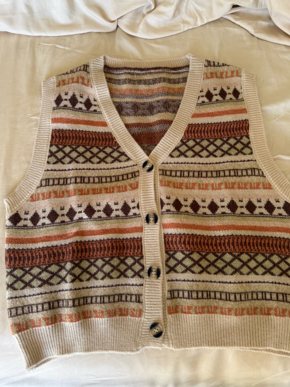 Beige Patterned Knit Button-Front Sweater Vest